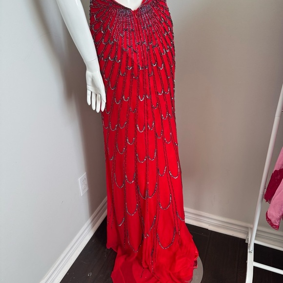 Vintage Red Beaded Gown Art Deco Revival Halter Dress | Old Hollywood Glamour 4 - Picture 11 of 12